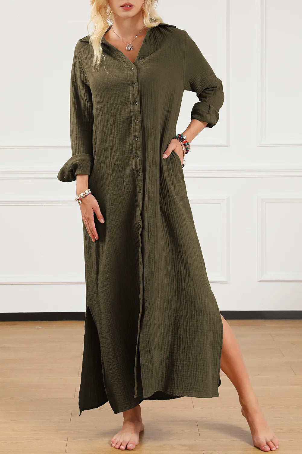 green crinkle dress AGUA MAXI DRESS IN PALM GREEN CRINKLE CHIFFON – DE LA VALI OFFICIAL main image 0