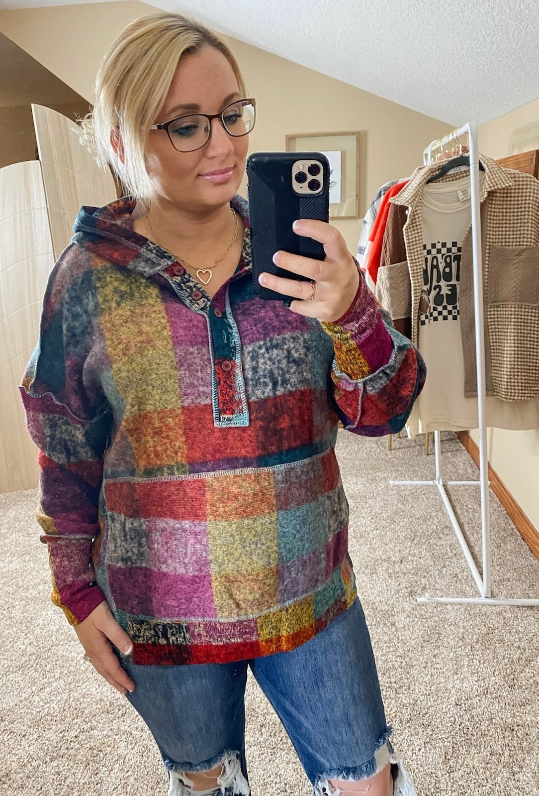 Multicolor Plaid Buttoned Pullover Oversized Hoodie