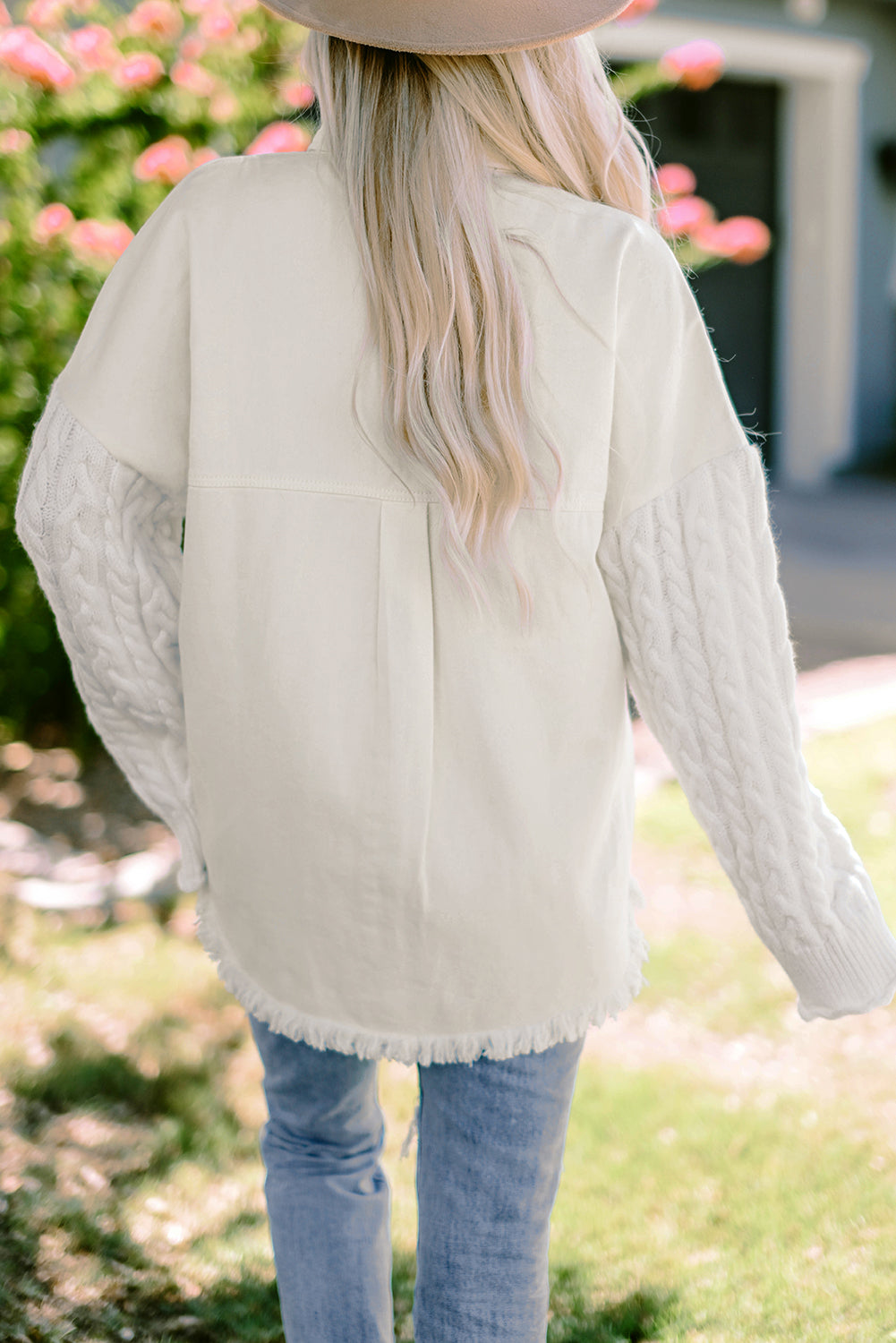 Cream Cable Knit Sleeve Raw Hem Shacket