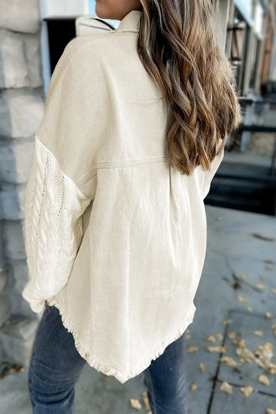 Cream Cable Knit Sleeve Raw Hem Shacket