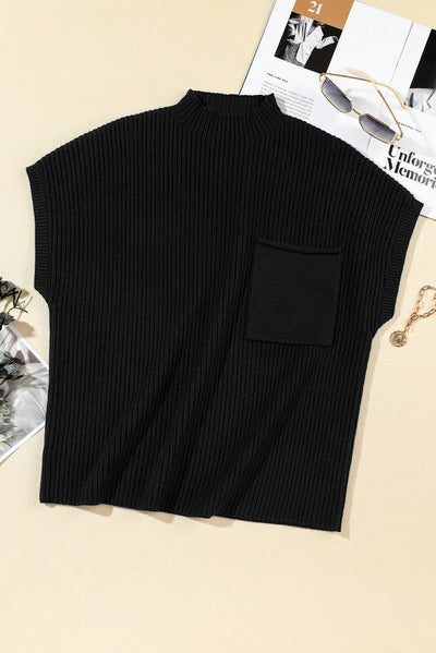 Patch Pocket Ribbed Knit Short Sleeve Sweater