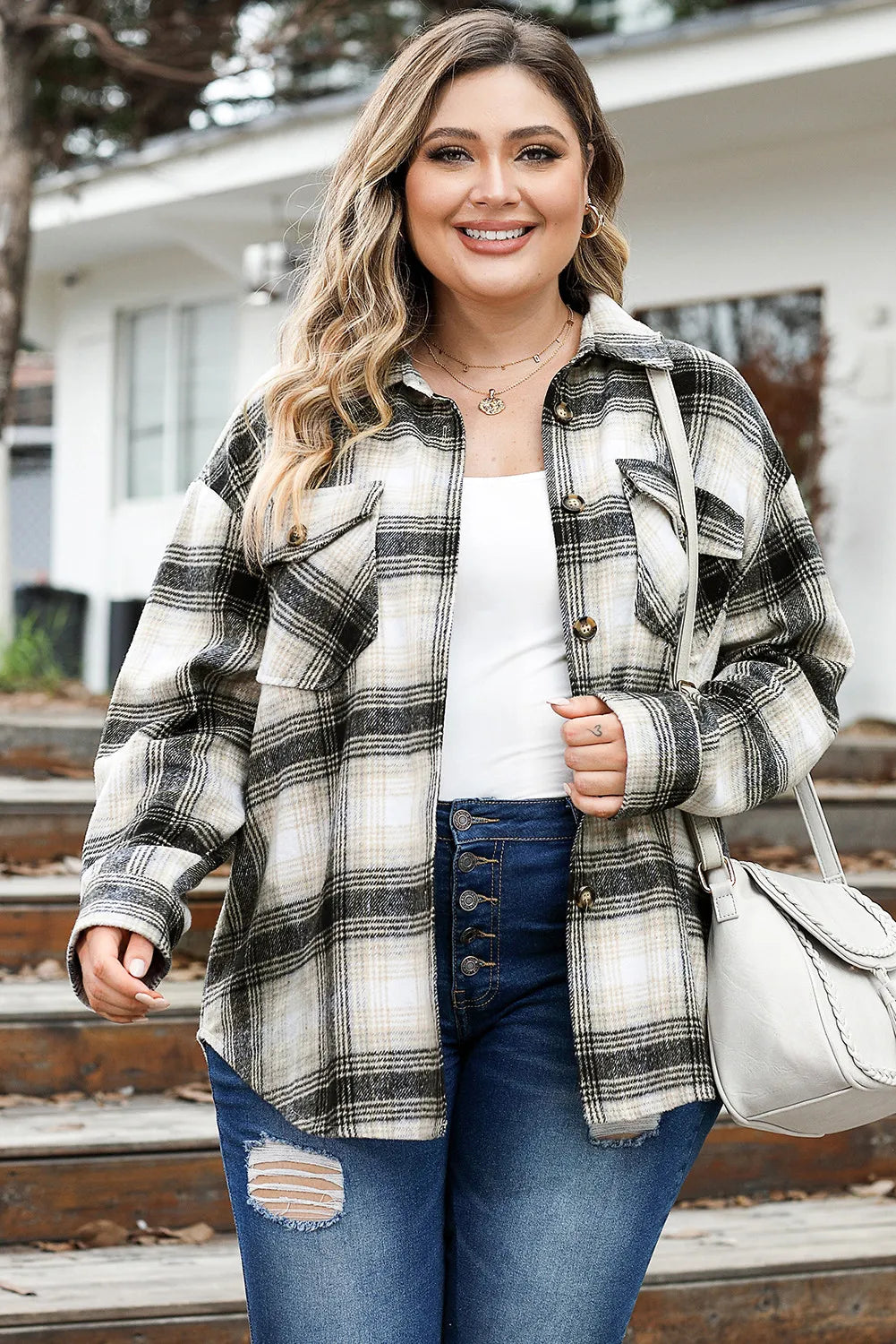 Black Plus Size Brushed Plaid Shacket