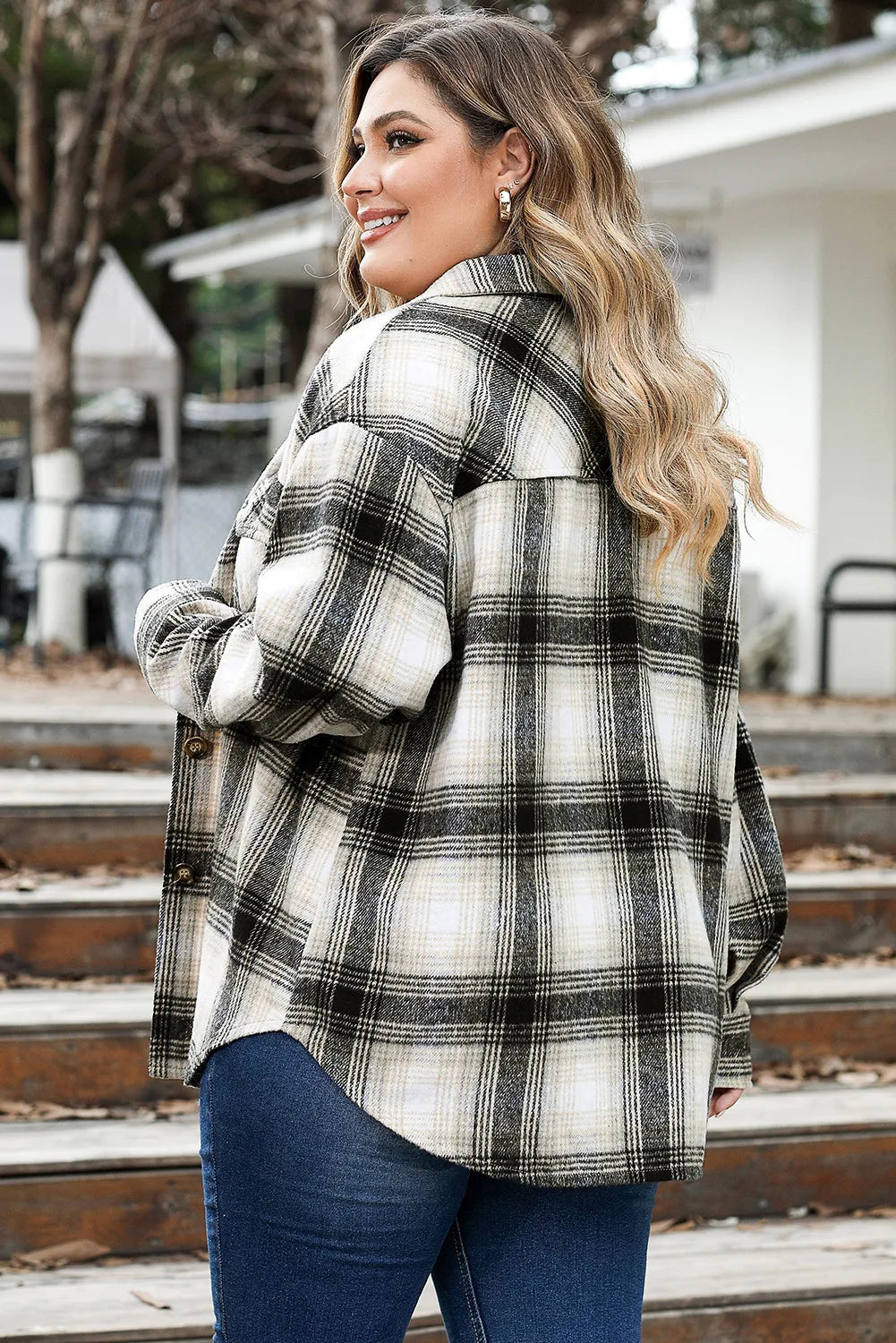 Black Plus Size Brushed Plaid Shacket