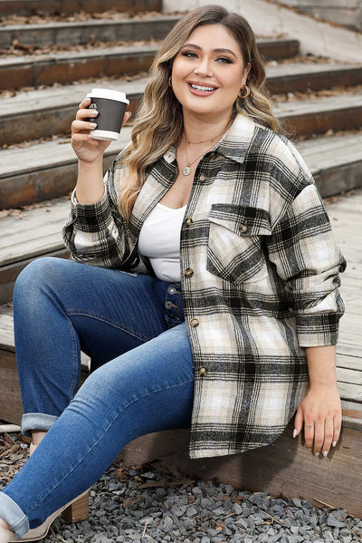 Black Plus Size Brushed Plaid Shacket