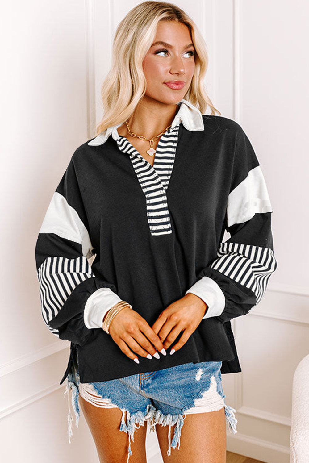 Striped Color Block Collared Loose Fit Top