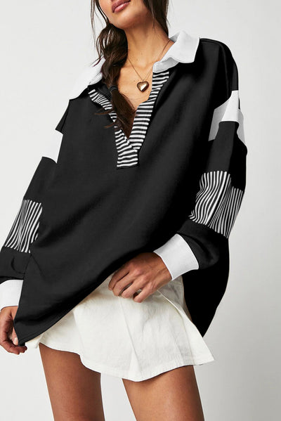 Striped Color Block Collared Loose Fit Top