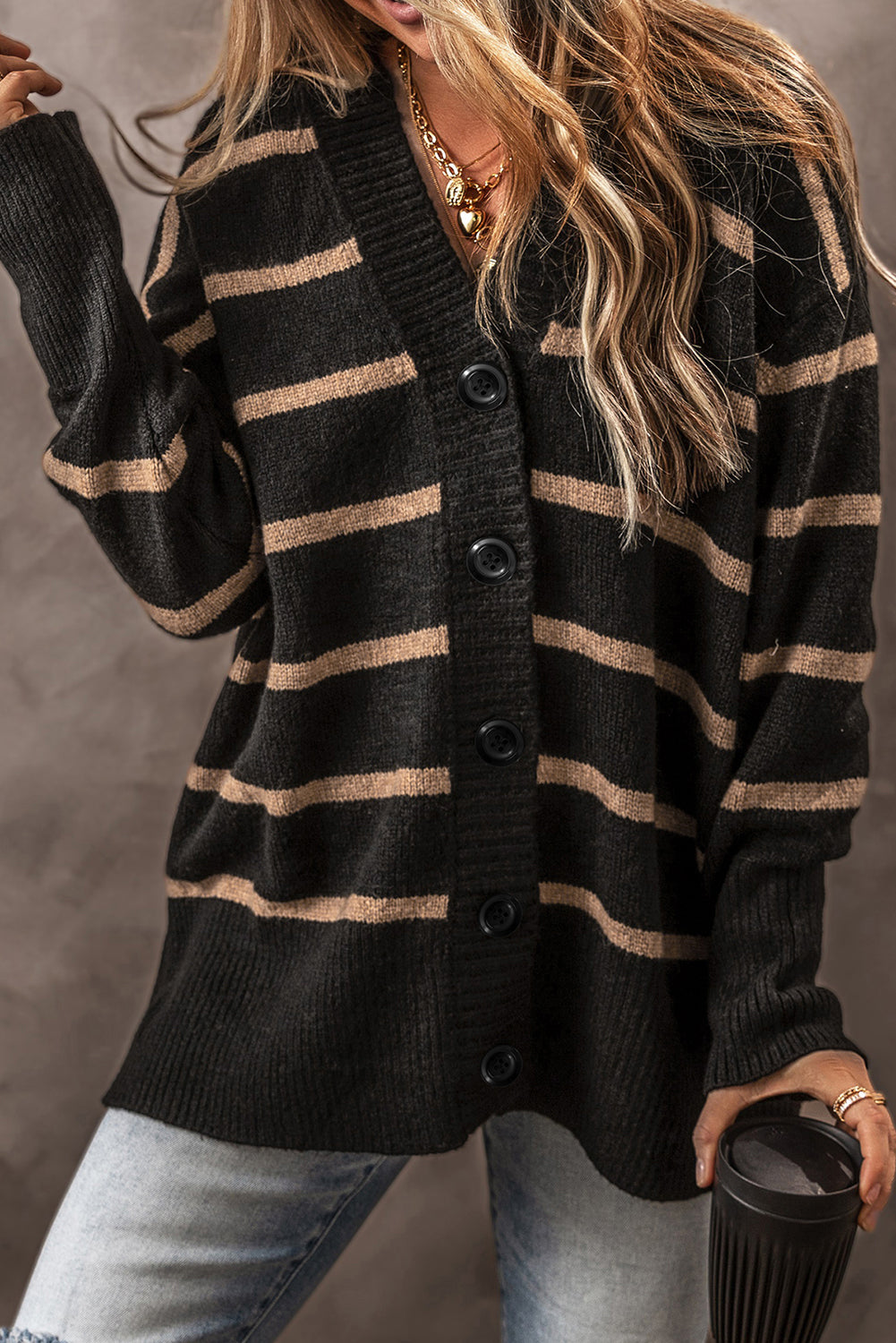 Black Striped Buttoned Loose Cardigan