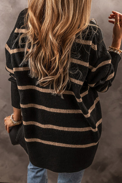 Black Striped Buttoned Loose Cardigan