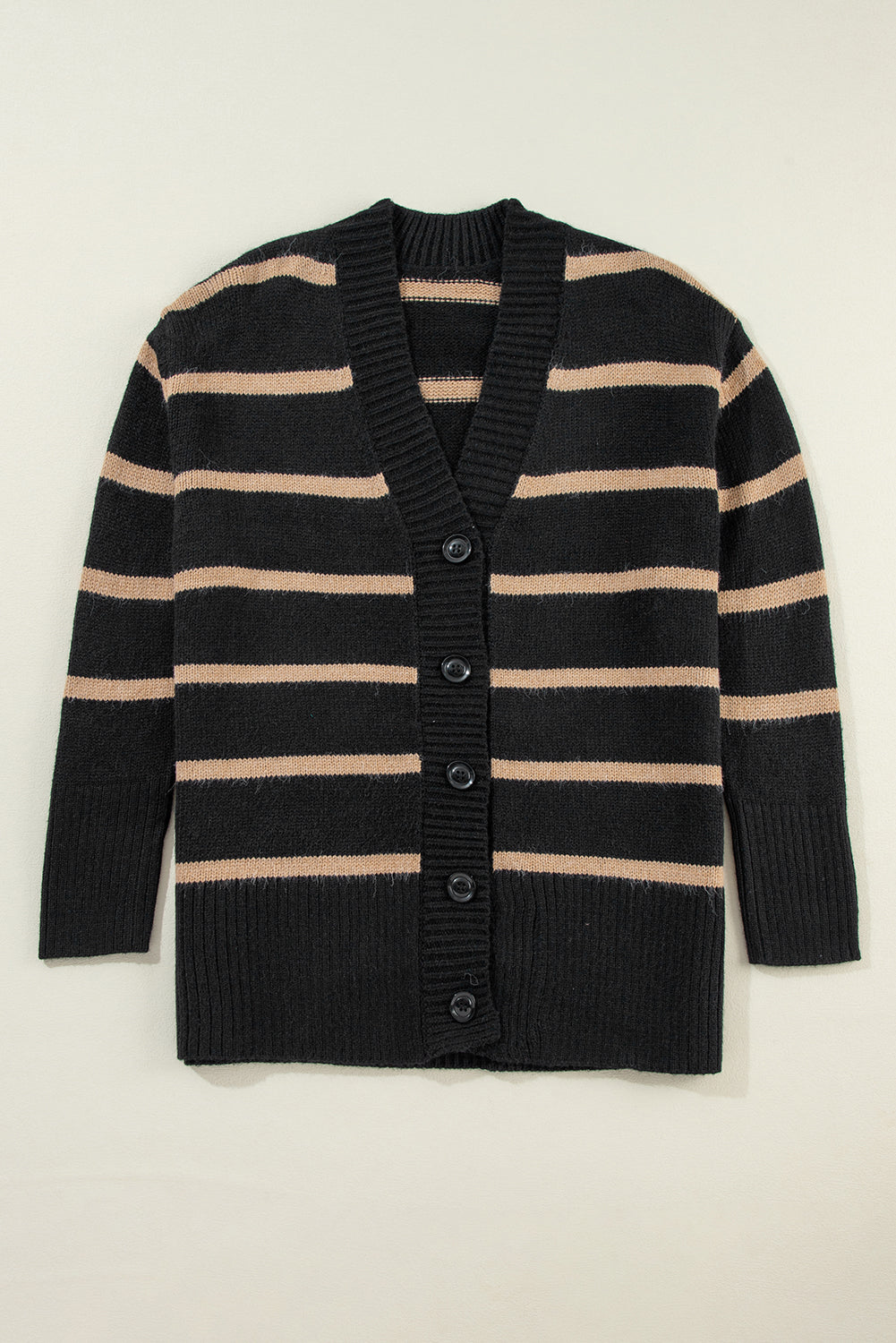 Black Striped Buttoned Loose Cardigan