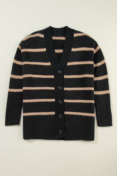 Black Striped Buttoned Loose Cardigan