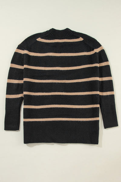 Black Striped Buttoned Loose Cardigan