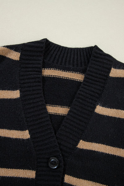 Black Striped Buttoned Loose Cardigan