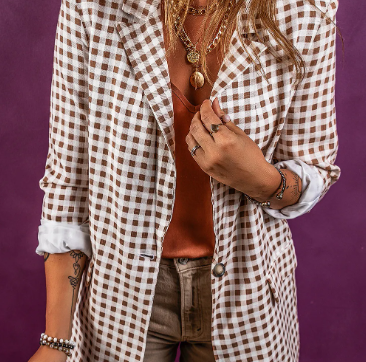 Chestnut Check Print Single Button Lapel Collar Blazer