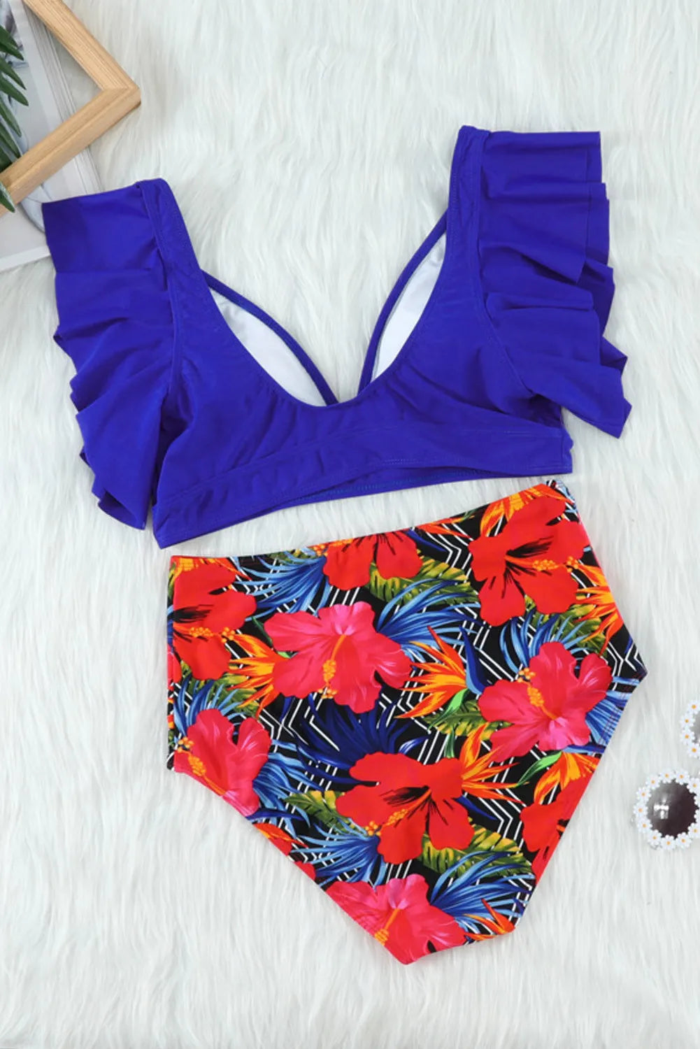 Blue Floral Ruffled Hem High Waisted Bikini Set