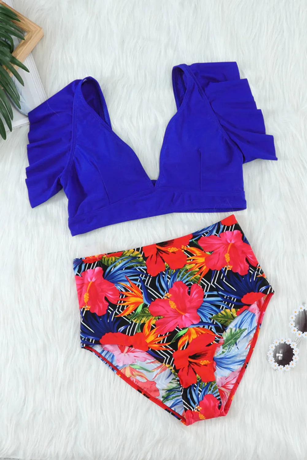 Blue Floral Ruffled Hem High Waisted Bikini Set