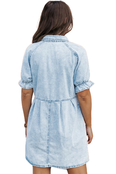 Beau Blue Mineral Wash Ruffled Short Sleeve Buttoned Denim Dress