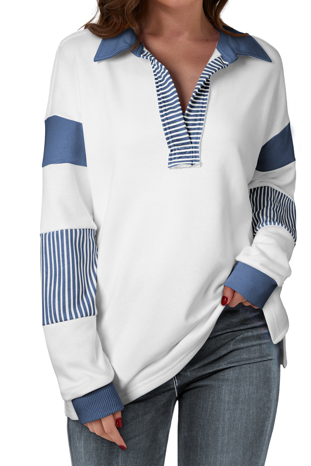 Striped Color Block Collared Loose Fit Top