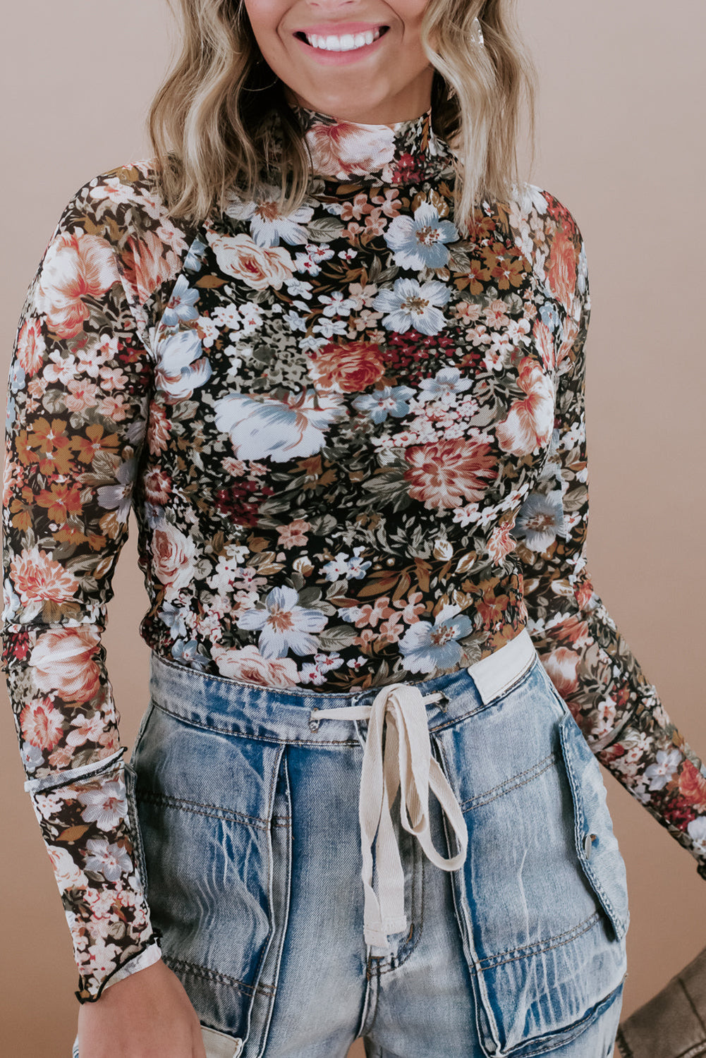 Floral High Neck Mesh Blouse