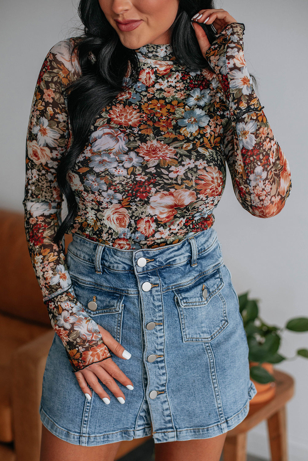 Floral High Neck Mesh Blouse