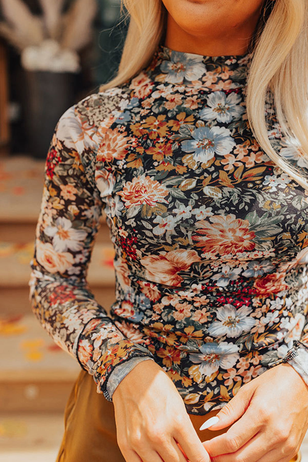 Floral High Neck Mesh Blouse