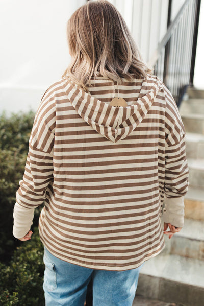 Brown Striped Quarter Sleeve Plus Hoodie