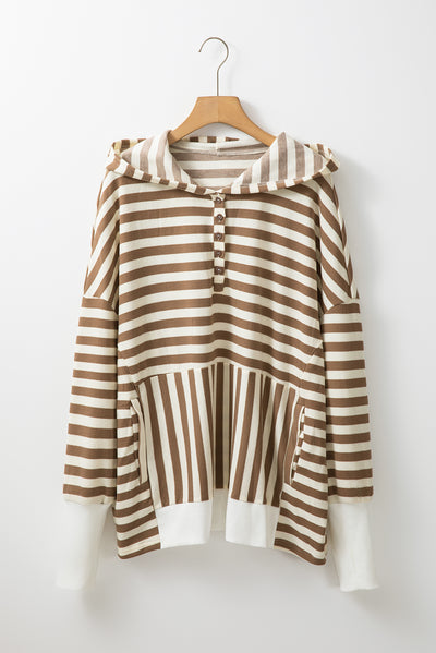 Brown Striped Quarter Sleeve Plus Hoodie