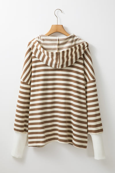 Brown Striped Quarter Sleeve Plus Hoodie