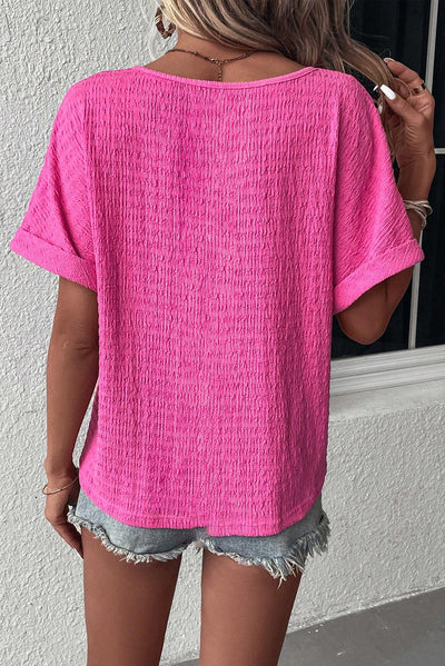 Bright Pink Textured V Neck Tee