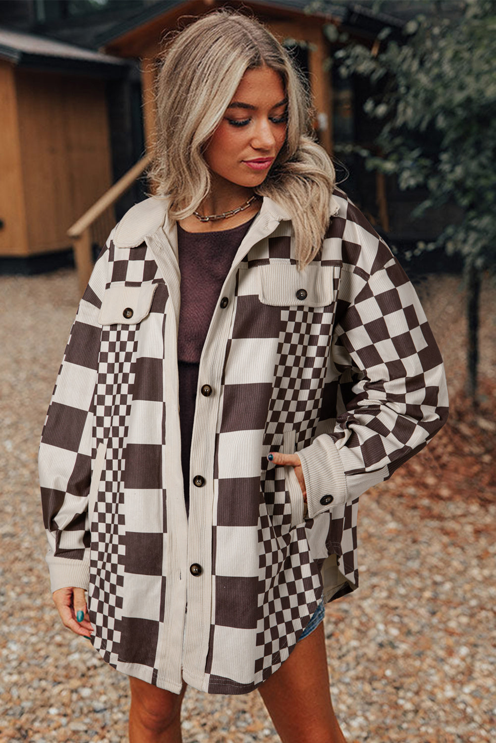 Checkered Print Corduroy Shacket