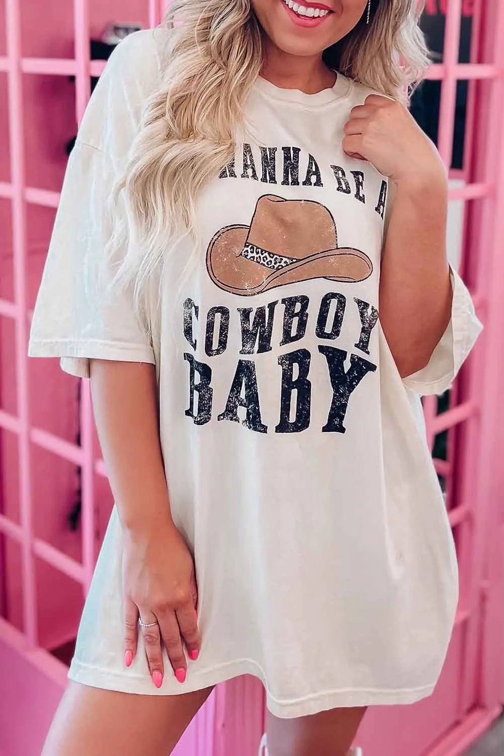 Beige I WANNA BE A COWBOY Western Graphic Oversized Tee