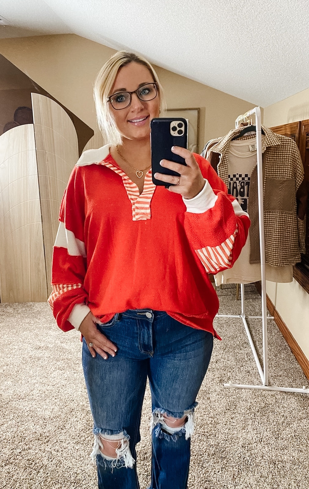 Red Striped Color Block Collared Top