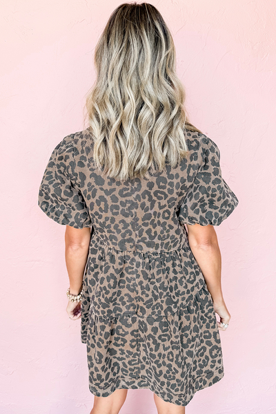 Brown Denim Leopard Printed Mini Dress