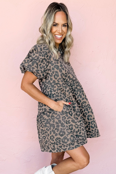 Brown Denim Leopard Printed Mini Dress