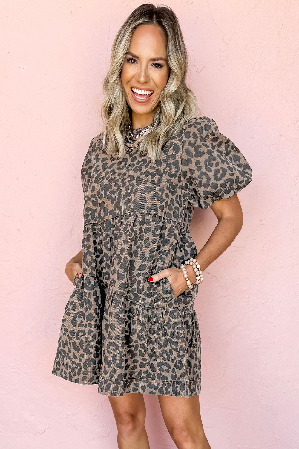 Brown Denim Leopard Printed Mini Dress