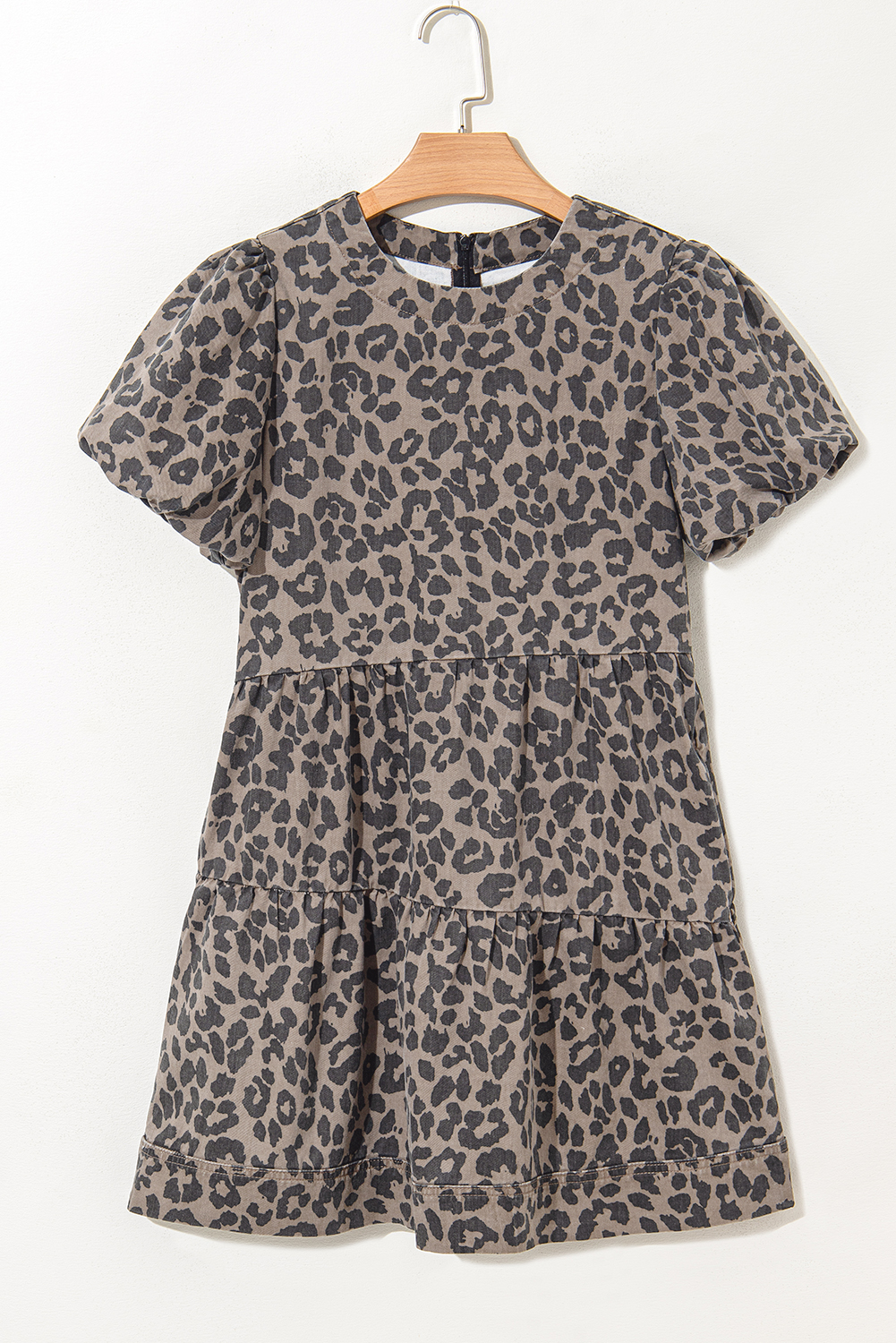 Brown Denim Leopard Printed Mini Dress