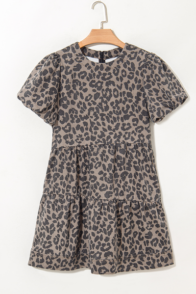 Brown Denim Leopard Printed Mini Dress
