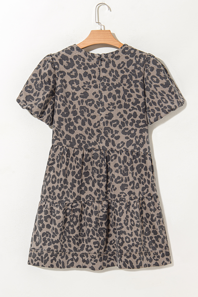 Brown Denim Leopard Printed Mini Dress