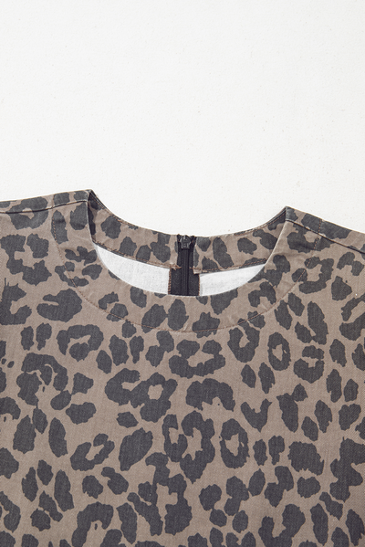 Brown Denim Leopard Printed Mini Dress
