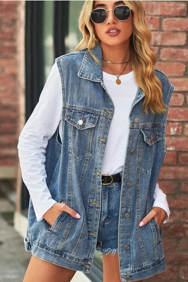 Button Up Collar Denim Vest