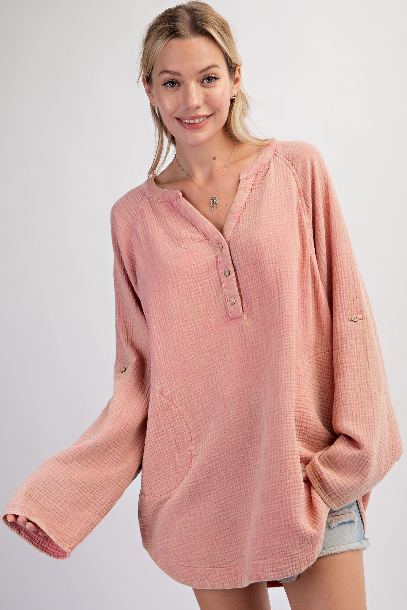 Dusty Rose Mineral Washed Cotton Gauze Tunic Plus Size