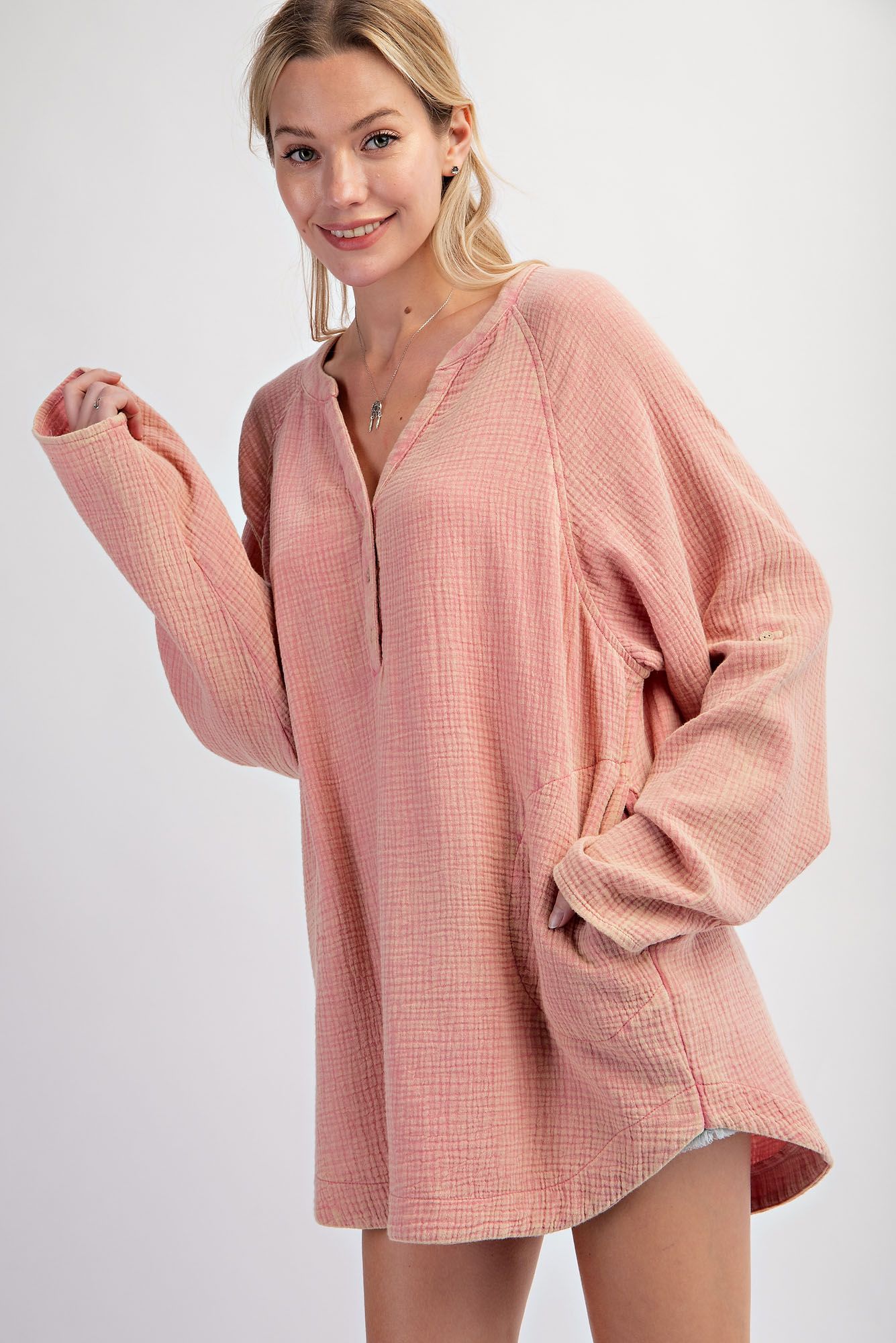 Dusty Rose Mineral Washed Cotton Gauze Tunic Plus Size