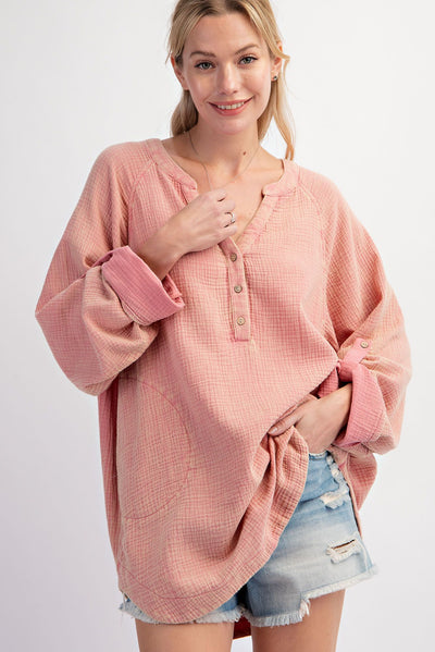 Dusty Rose Mineral Washed Cotton Gauze Tunic Plus Size