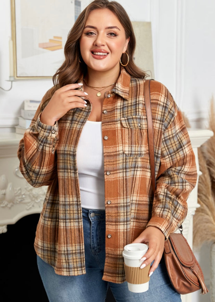 Brown Plaid Print Flap Pocket Buttoned Plus Size Shacket