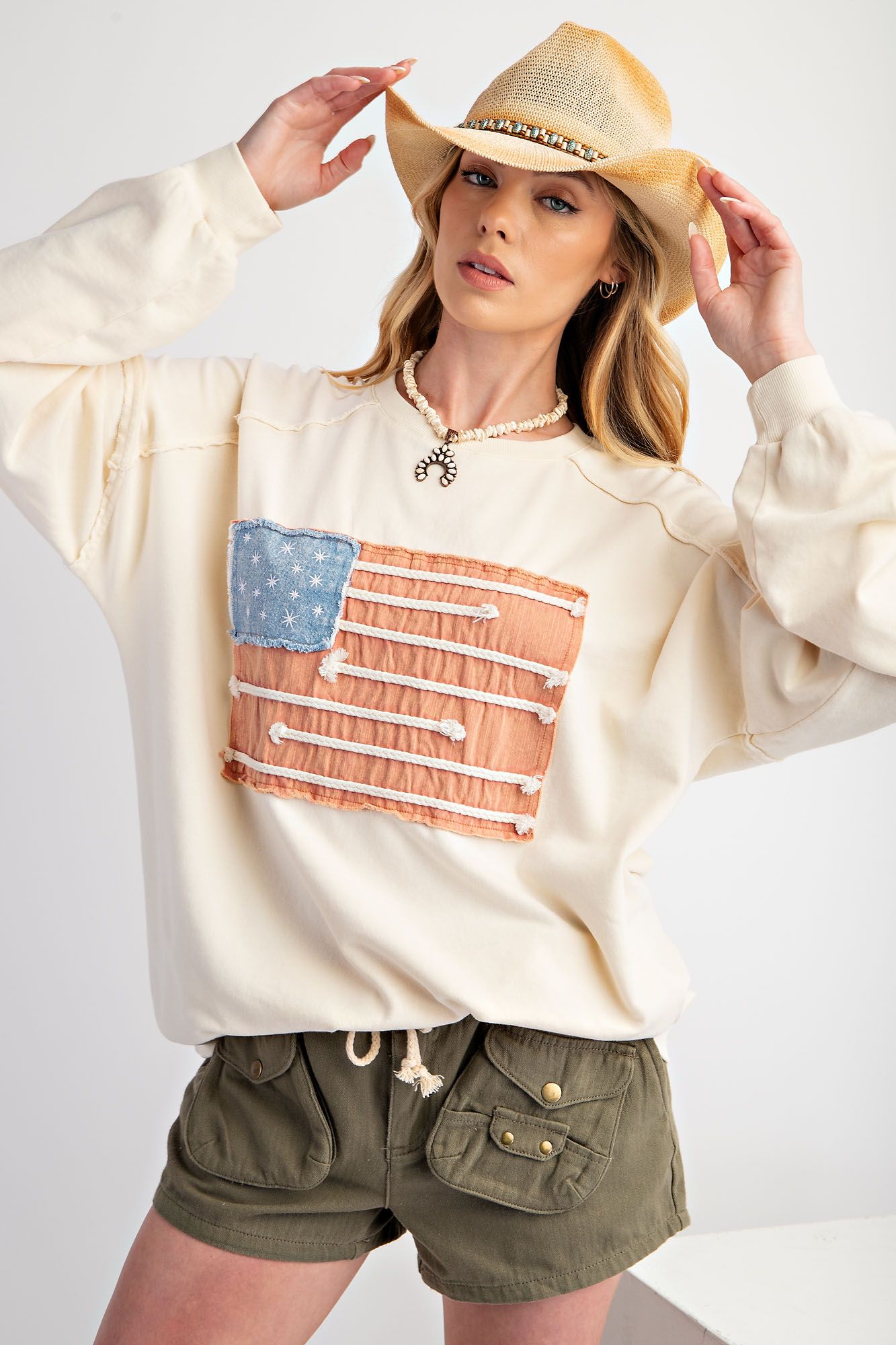 American Flag Patch Washed Terry Knit Pullover