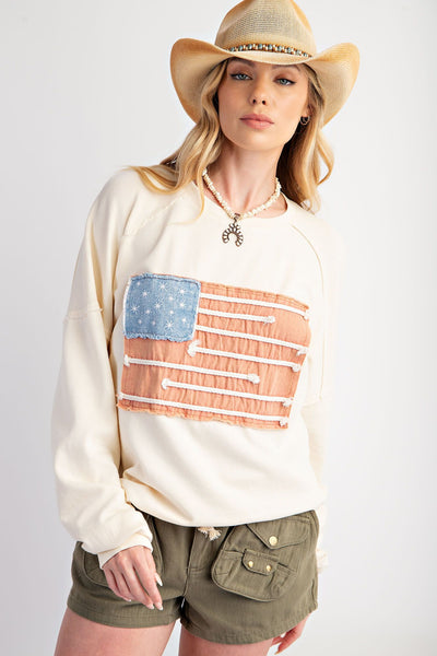 American Flag Patch Washed Terry Knit Pullover