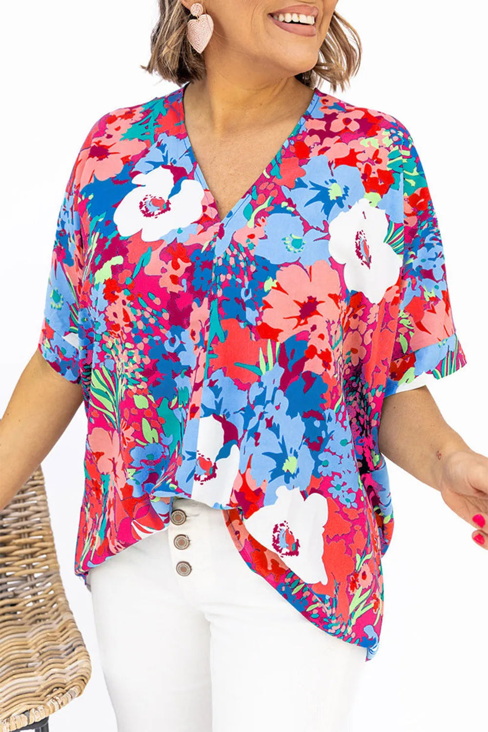 Sky Blue V Neck Dolman Sleeve Plus Size Floral Blouse