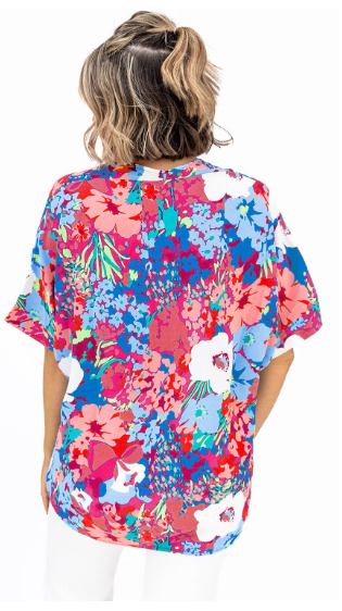 Sky Blue V Neck Dolman Sleeve Plus Size Floral Blouse