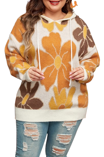 Flower Knitted Hooded Plus Size Sweater