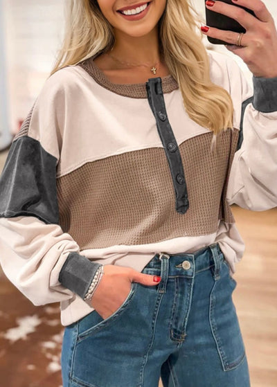 Jet Stream Color Block Waffled Patchwork Loose Henley Top