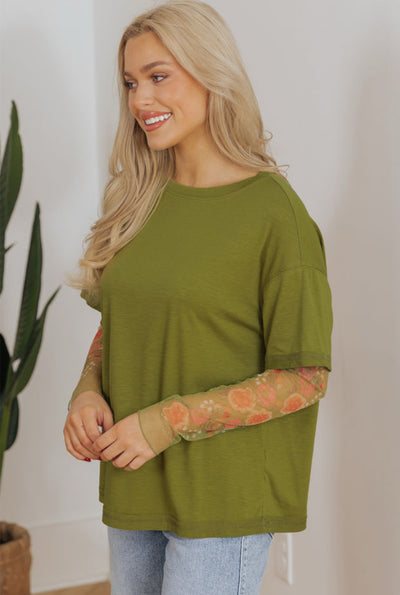 Floral Mesh Sleeve Crewneck Top